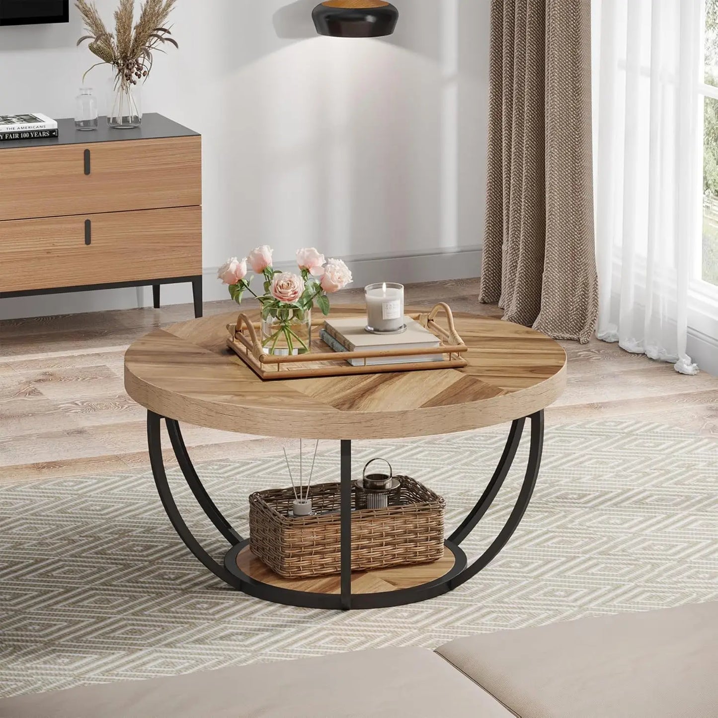 31.7" Round 2-Tier Circle Coffee Table with Storage Shelves