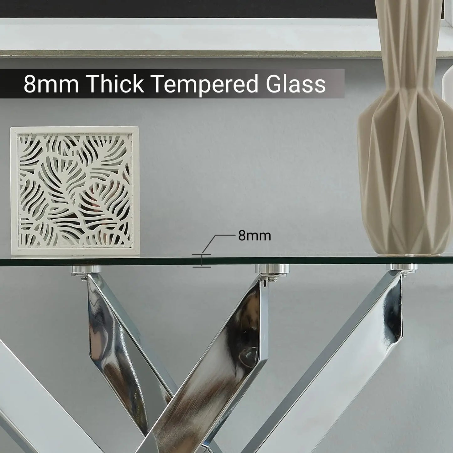 Narrow Sofa Table with Tempered Glass Top and Metal Tubular Legs