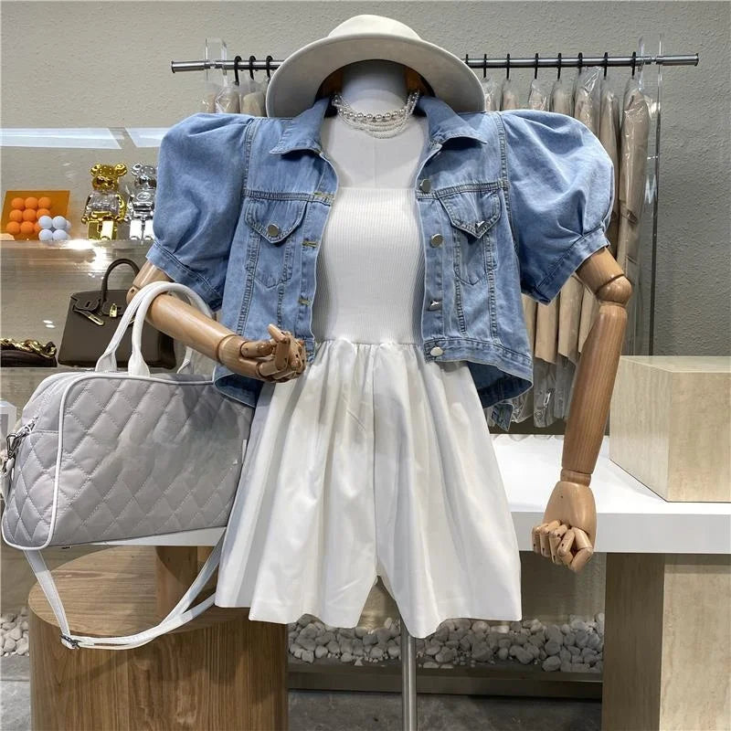 Women Short Denim Jacket Puff Sleeve Crop Top