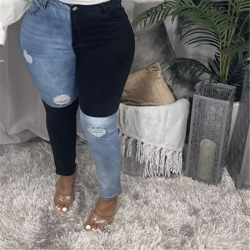 Black Blue Contrast Color High Waist Jeans