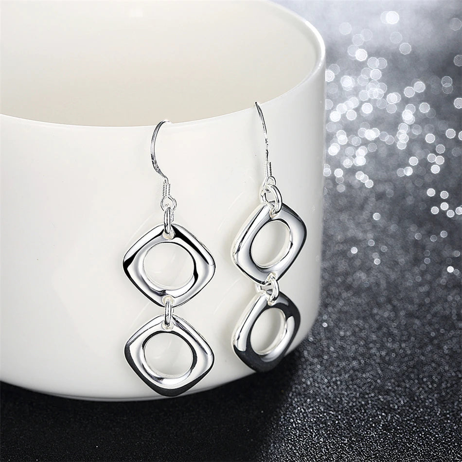 Sterling Silver Round Square Necklace Earring Set