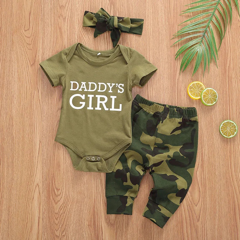 Girls Boys Camouflage Short Sleeve Letter Printed Bodysuit