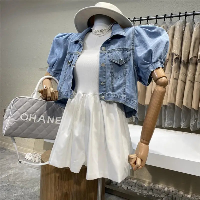 Women Short Denim Jacket Puff Sleeve Crop Top