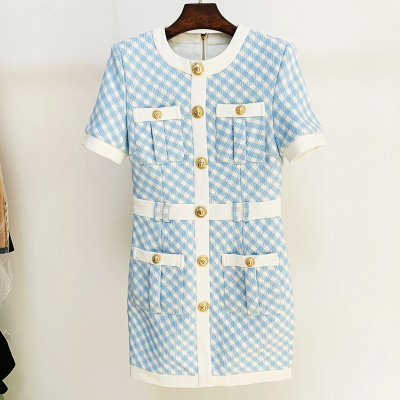 Short Sleeve Lion Button tweed dress