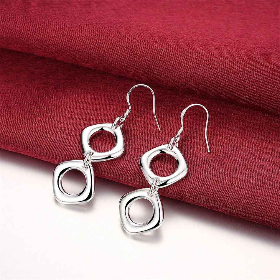 Sterling Silver Round Square Necklace Earring Set