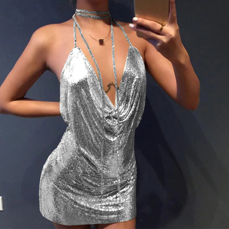 Diamond Halter Metal Party Dresses