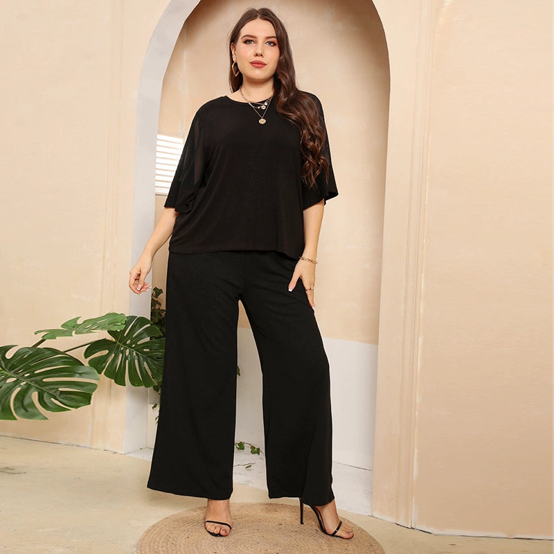 Plus Size Women Summer Casual Loose Lace T-shirt Pants Suit