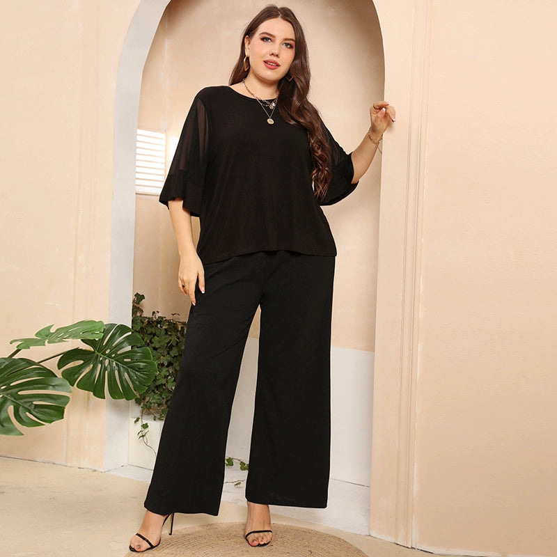 Plus Size Women Summer Casual Loose Lace T-shirt Pants Suit