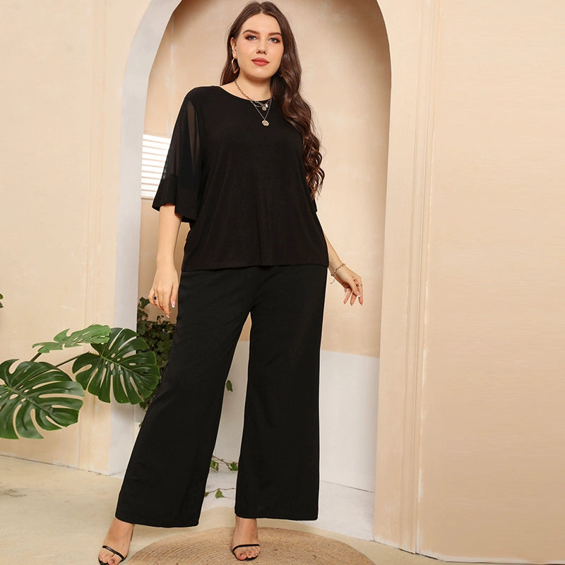 Plus Size Women Summer Casual Loose Lace T-shirt Pants Suit