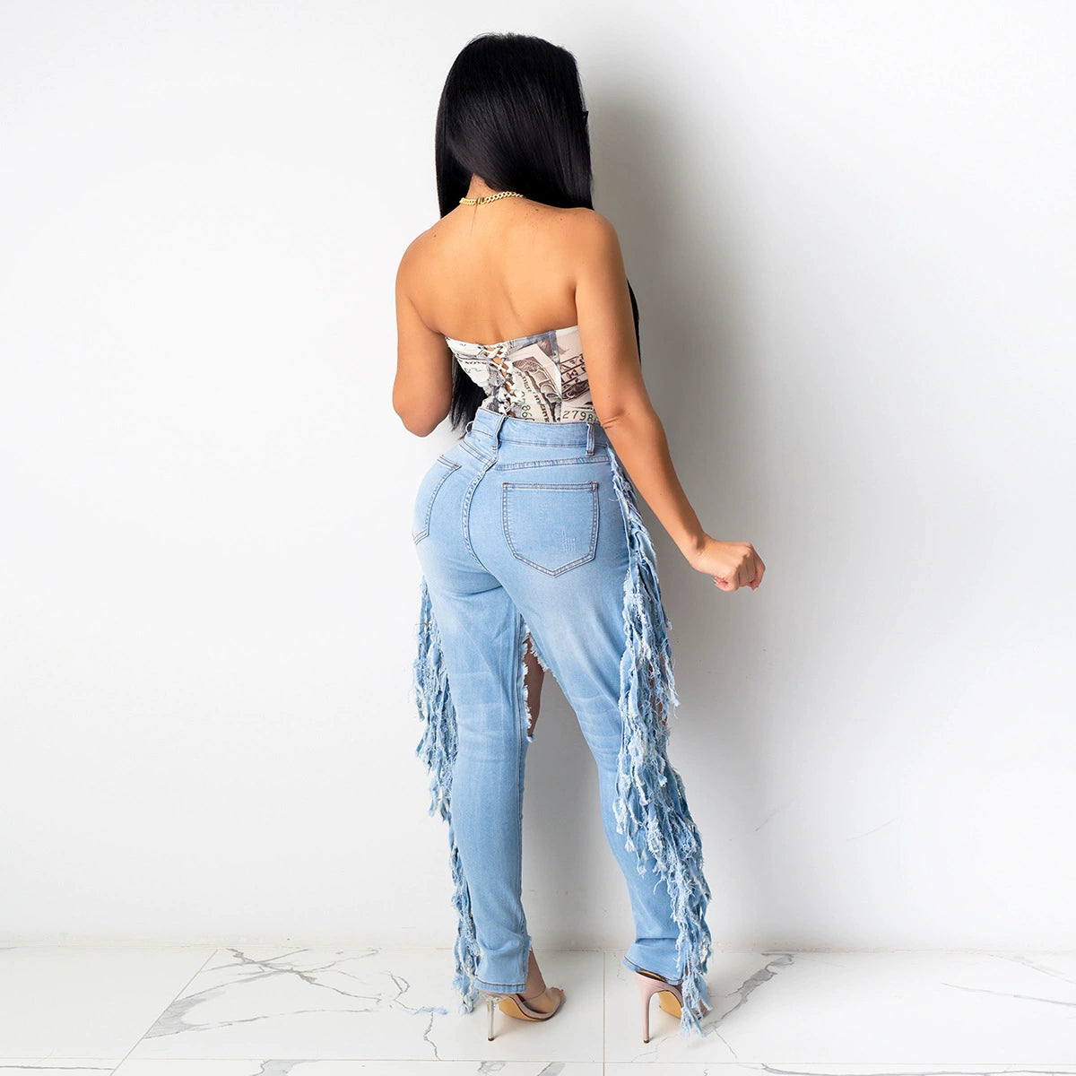 Chic Women's Ripped Tassel Jeans