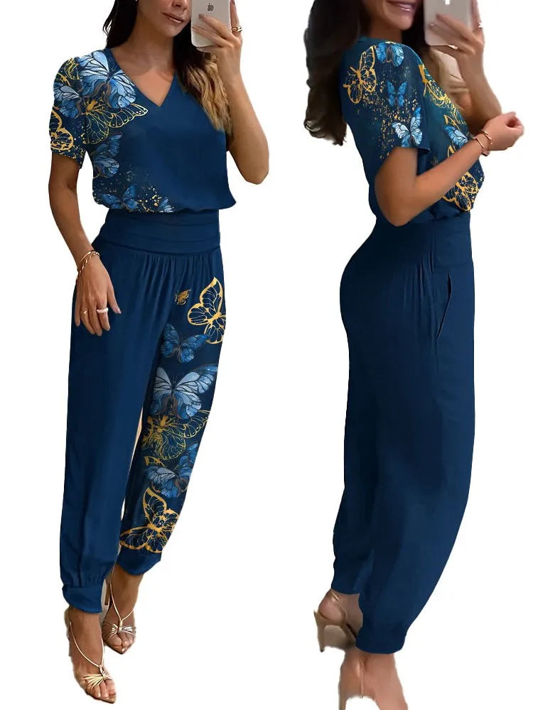 Casual V-neck Print Short Sleeve Trousers Suit Two-piece Set