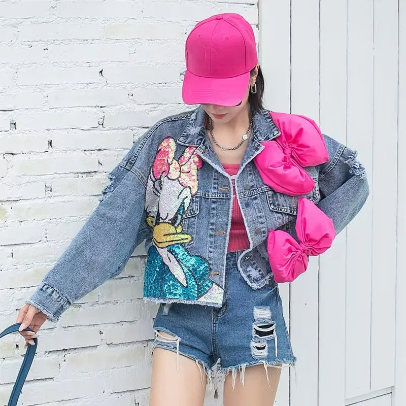 Cartoon Sticker Embroidered Sequin Denim Jacket