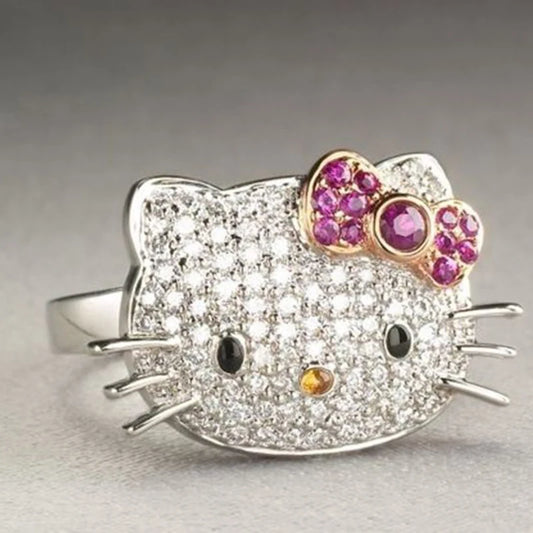 Cute Love Heart Hello Kitty Rhinestone Rings