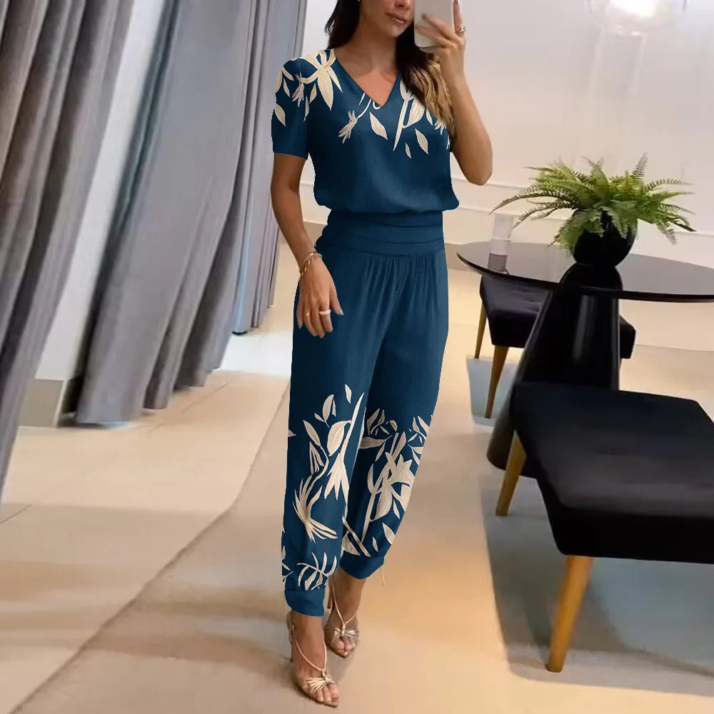 Casual V-neck Print Short Sleeve Trousers Suit Two-piece Set