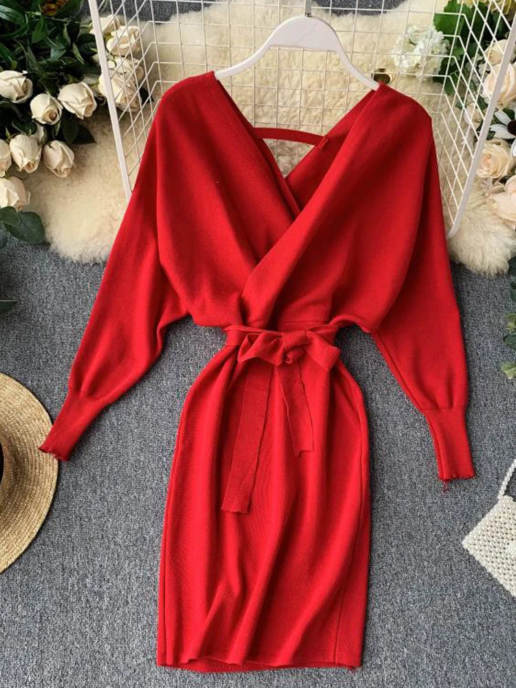 Knitted Sweater Dress Long Batwing Sleeve