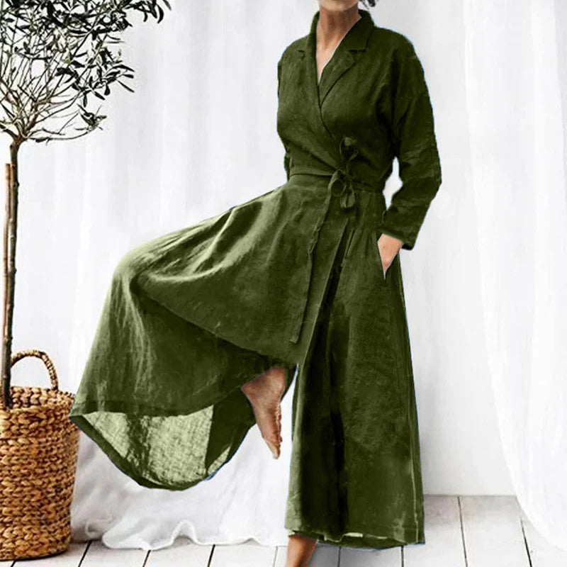 Elegant Lapel Solid Color Women Jumpsuit