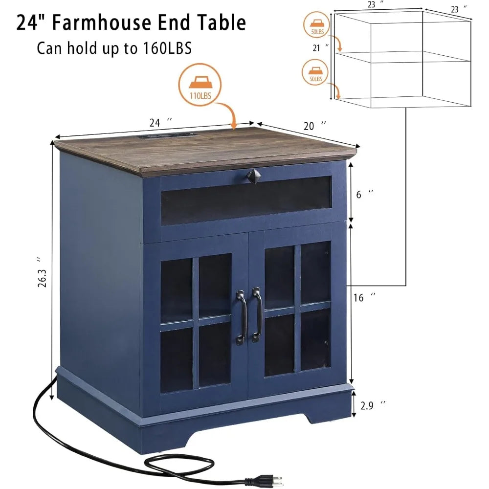 Farmhouse End Table with Drawer, 24" Large Sofa Side Table with Charging Station