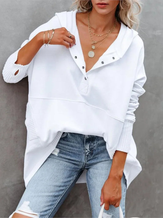 Casual Loose White Sweatshirt V-neck Hooded Batwing Sleeve Hoodie