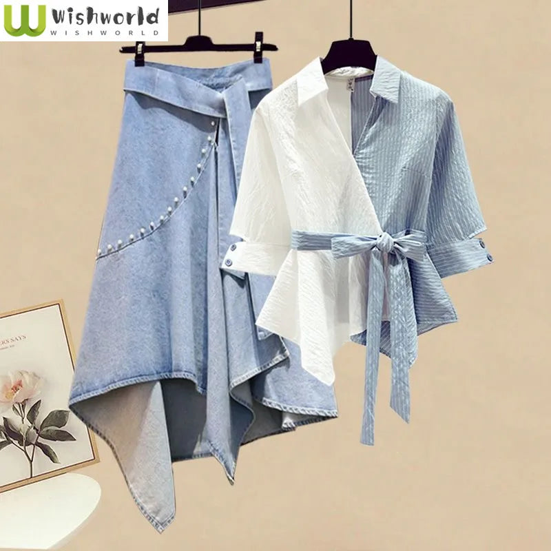 Blue Patchwork Two-piece Women's Skirt Set Casual Outfits