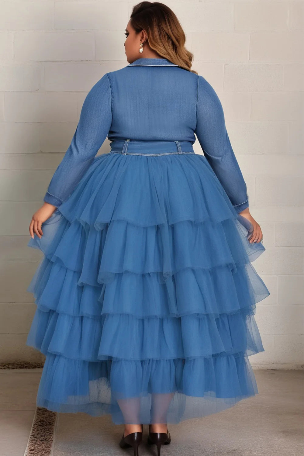 Plus Size Daily Blue Tiered Tencel Denim Two Piece Skirt Sets