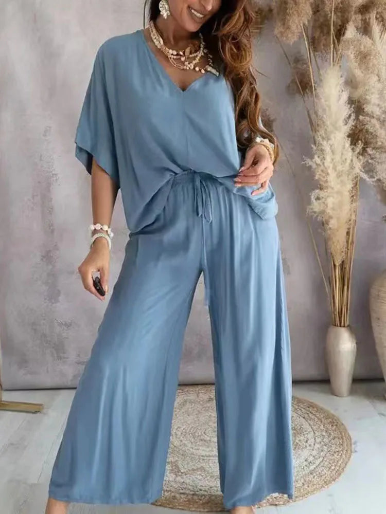 Pant Sets V neck Bat Sleeve Loose Wide-leg Pants 2 piece set