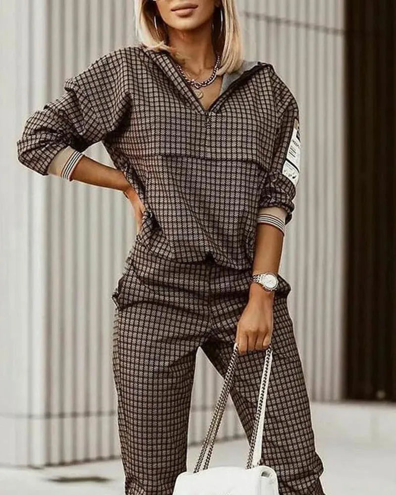 Plaid Zipper Front Hooded Top & Pants Set