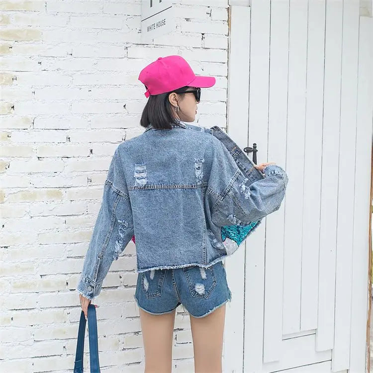 Cartoon Sticker Embroidered Sequin Denim Jacket