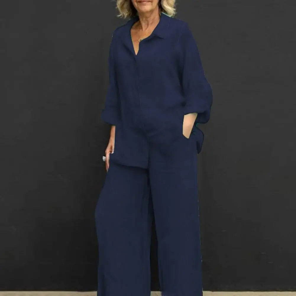 Linen Suit Set with Long Sleeve Shirt Wide Leg Trousers