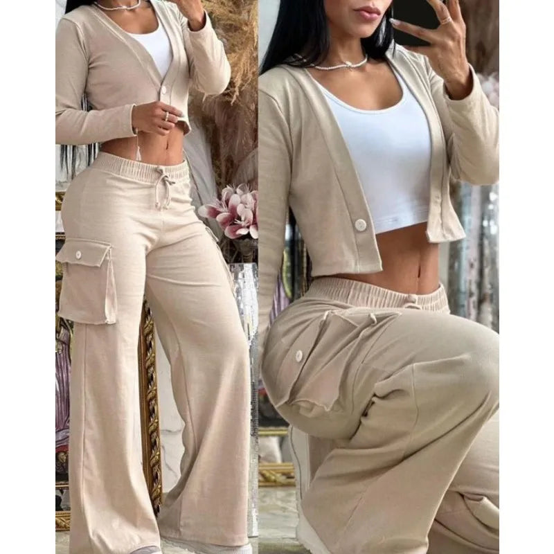 Mid Waist Pocket Wide-Leg Pants Suit