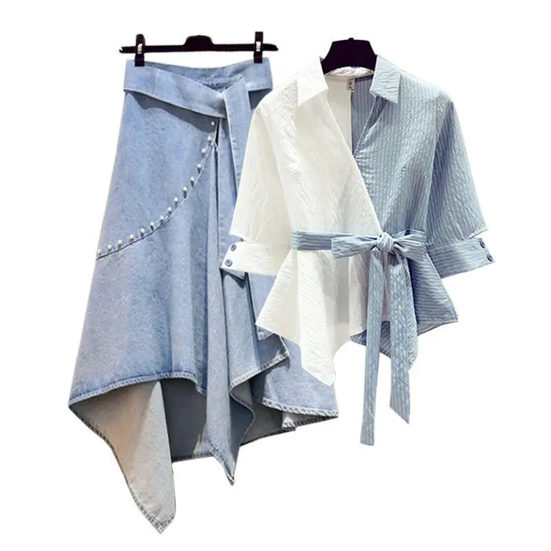 Blue Patchwork Two-piece Women's Skirt Set Casual Outfits