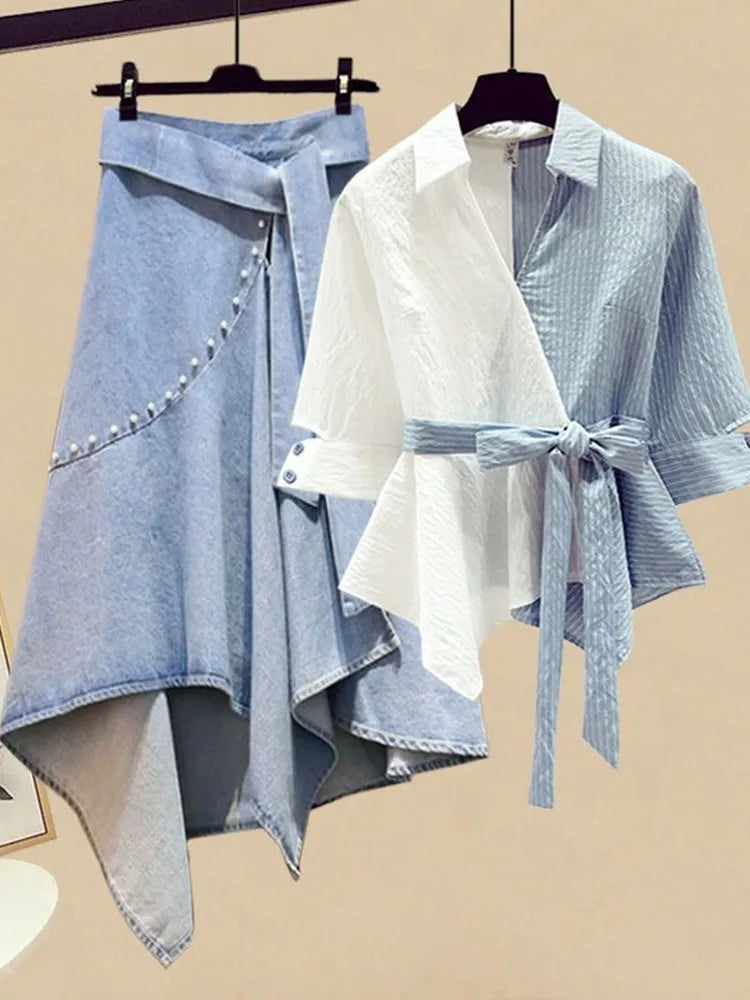 Blue Patchwork Two-piece Women's Skirt Set Casual Outfits