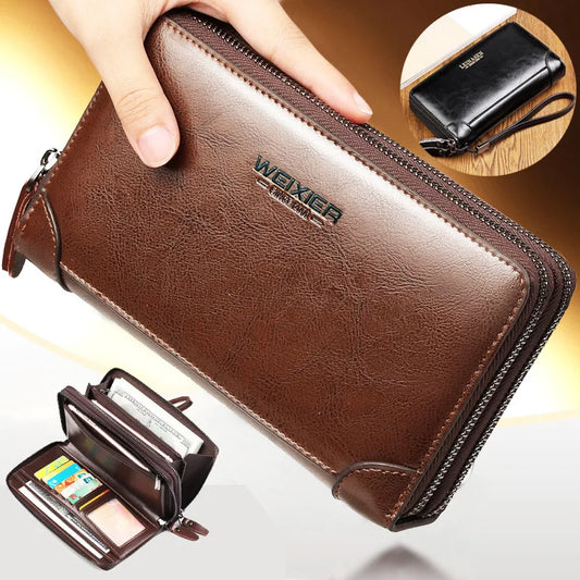 Men Long PU Leather Wallet Double Zipper