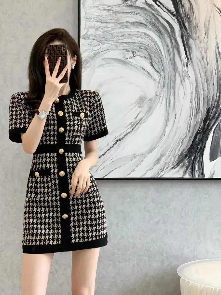 Retro Knitted Houndstooth Dress