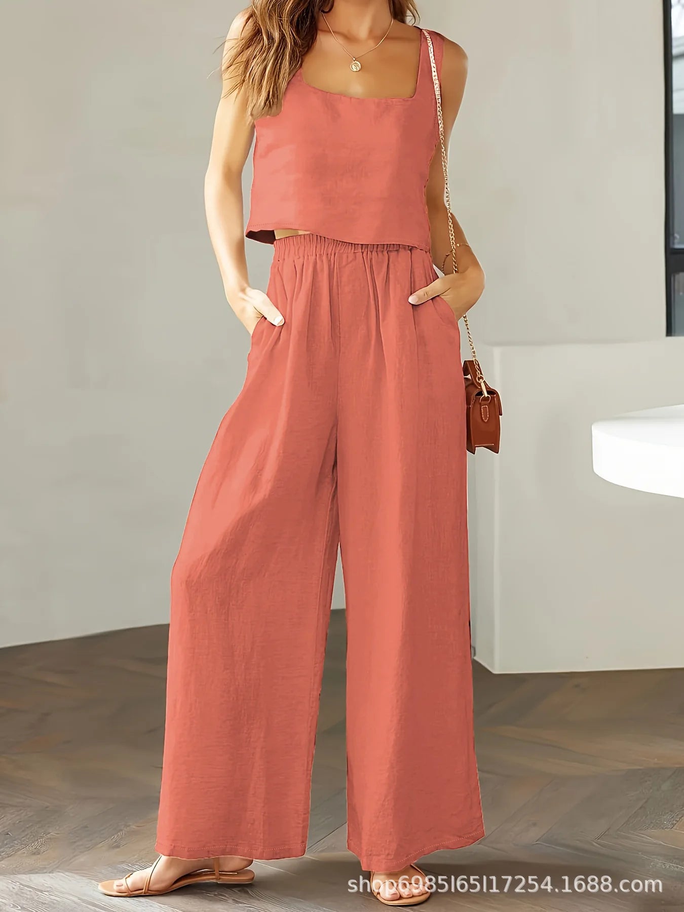 Sleeveless Loose Wide-leg Long Pants Set