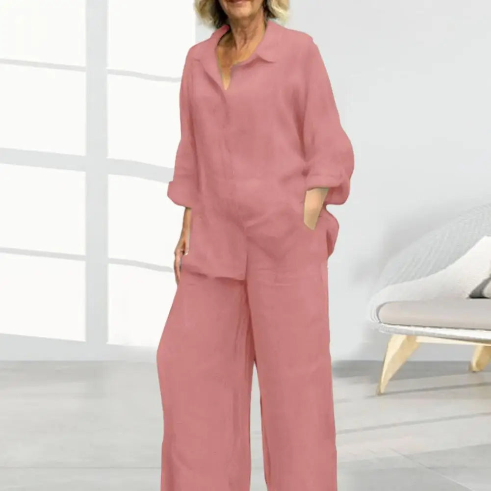 Linen Suit Set with Long Sleeve Shirt Wide Leg Trousers