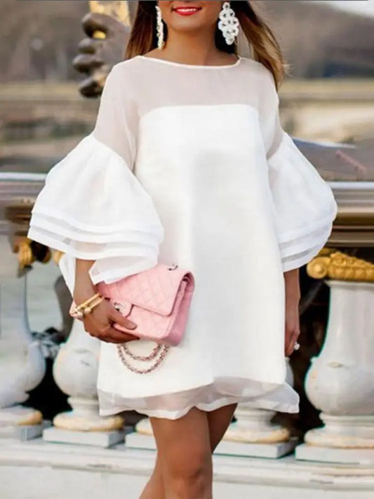 White Flared Sleeve Mesh See-Through Dress