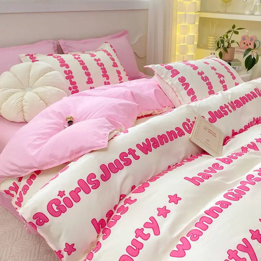 Pink Letter Bedding Set Flat Bed Sheet Pillowcase