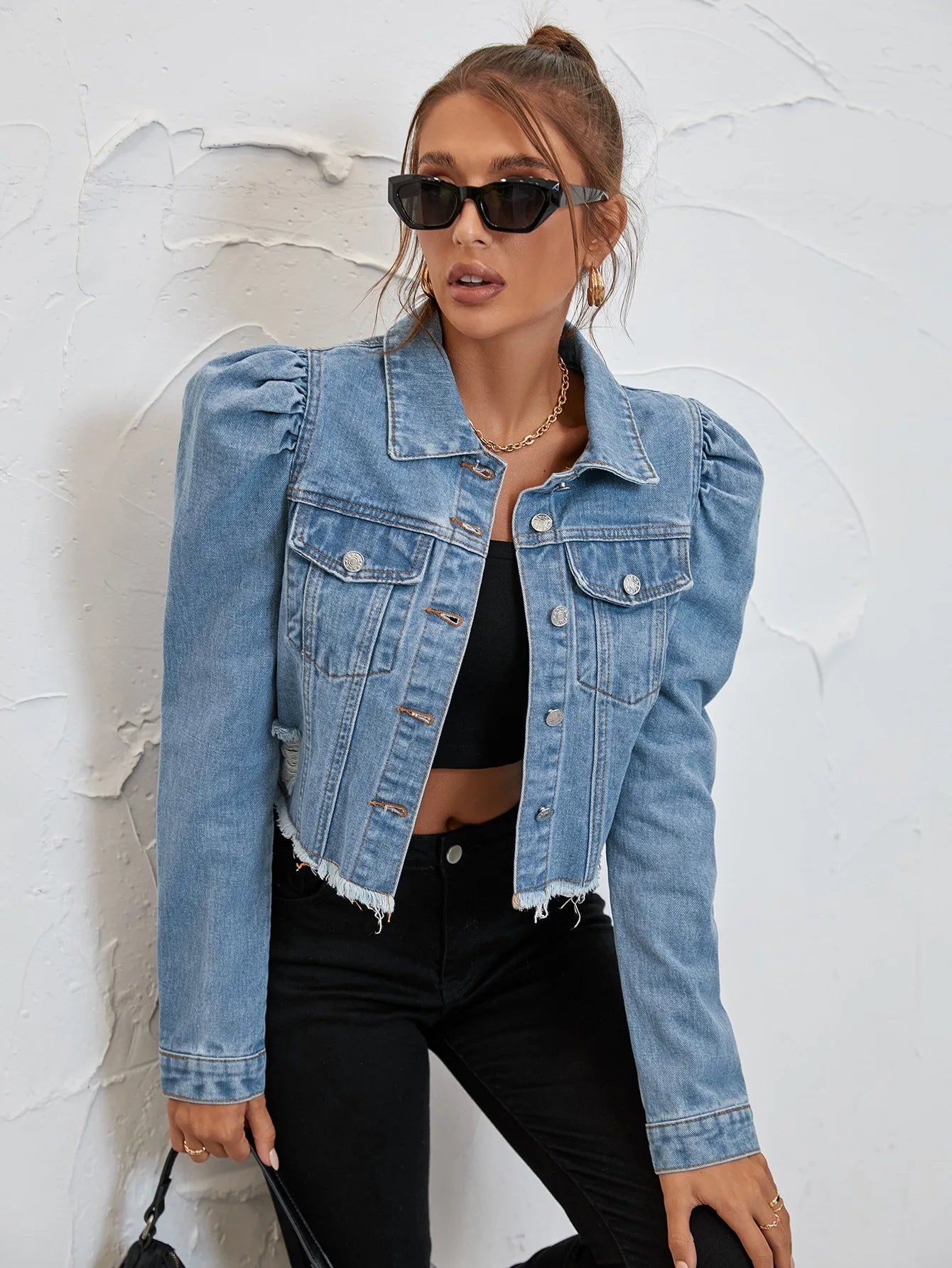 lapel denim casual short jacket