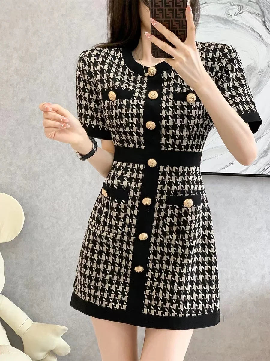 Retro Knitted Houndstooth Dress