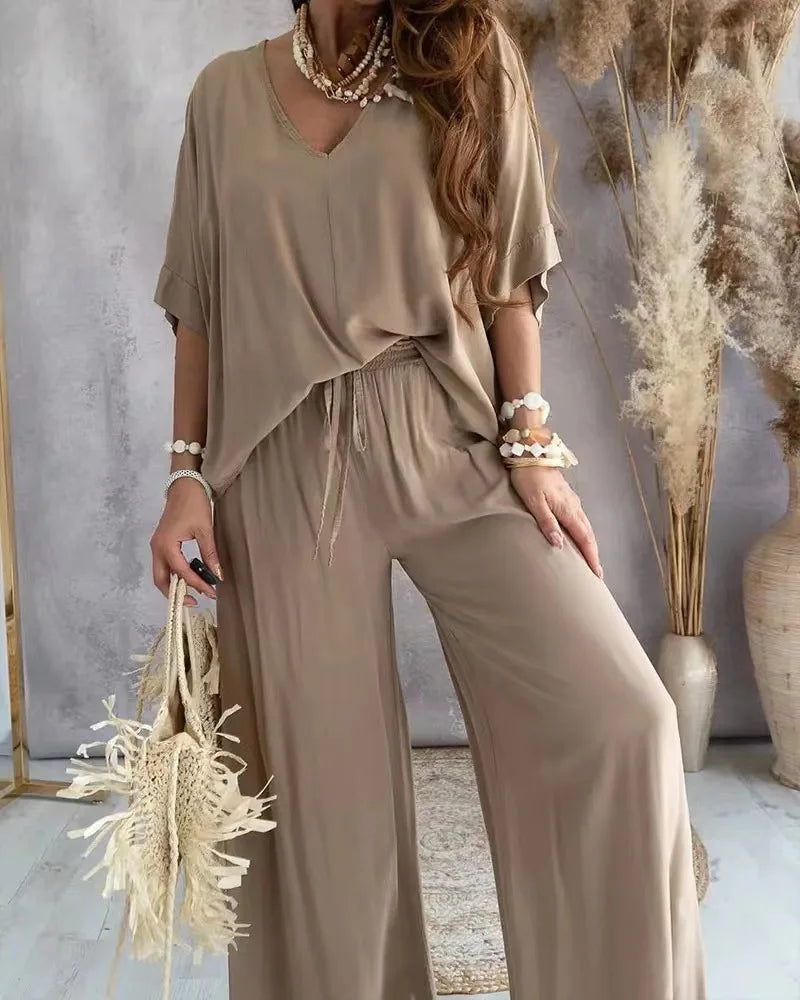 Pant Sets V neck Bat Sleeve Loose Wide-leg Pants 2 piece set