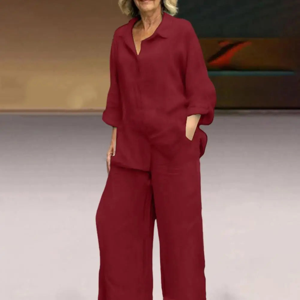 Linen Suit Set with Long Sleeve Shirt Wide Leg Trousers