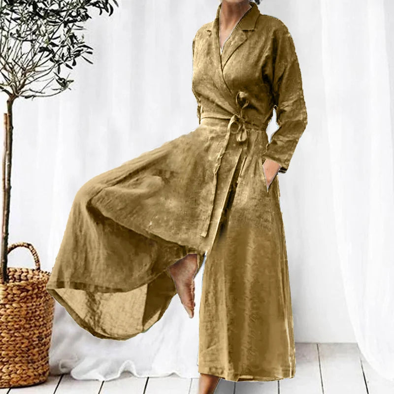 Elegant Lapel Solid Color Women Jumpsuit