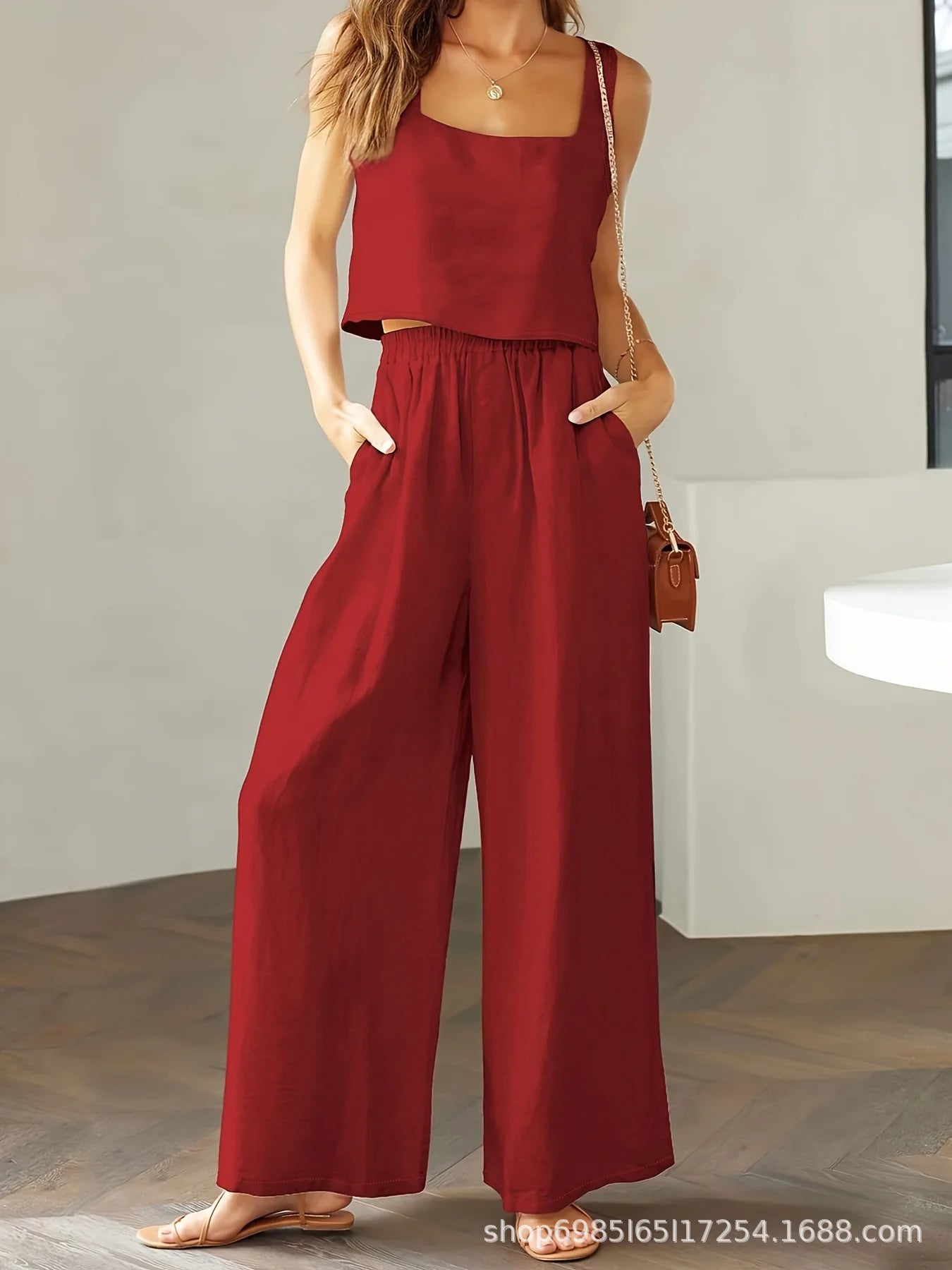 Sleeveless Loose Wide-leg Long Pants Set