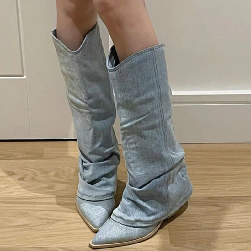 Denim Knee High Boots Women Pointed Toe Thick Heels