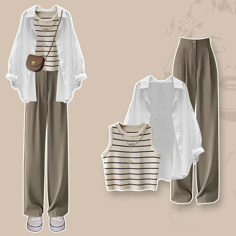 Lady Fashion Stripe Vest White Loose Shirt Denim Pants Suit Jeans Outfit