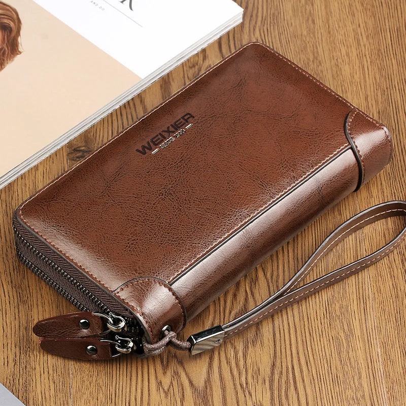 Men Long PU Leather Wallet Double Zipper