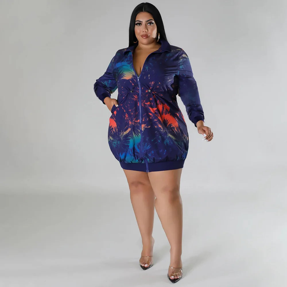 Plus Size Long Sleeve Colorful Mini Dress