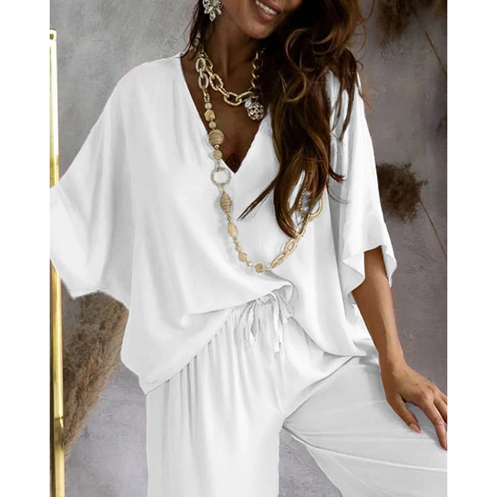 Batwing Long Sleeve V Neck Top & High Waist Wide Leg Pants Set