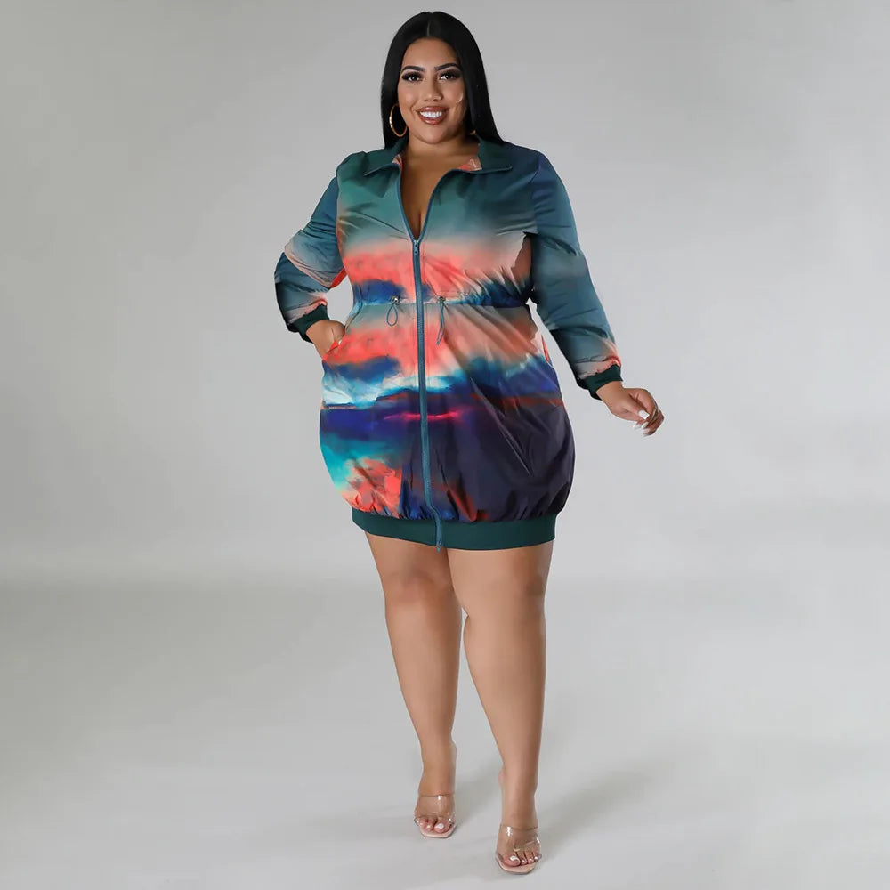 Plus Size Long Sleeve Colorful Mini Dress