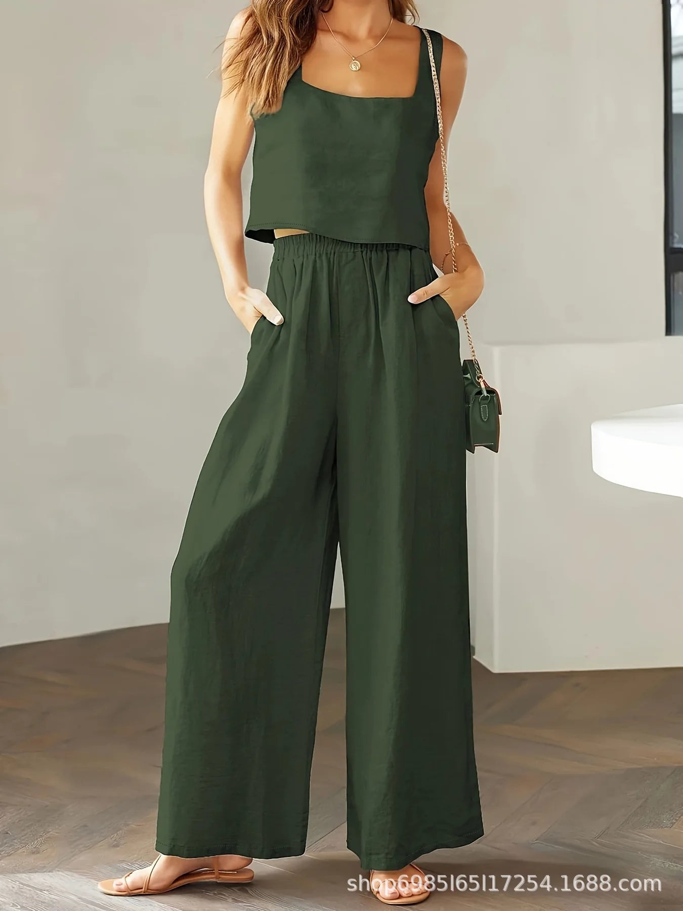 Sleeveless Loose Wide-leg Long Pants Set